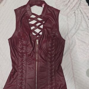 Women's Lace-Up Faux Leather Vest With Push Up Chest Padding- Burgundy Wine